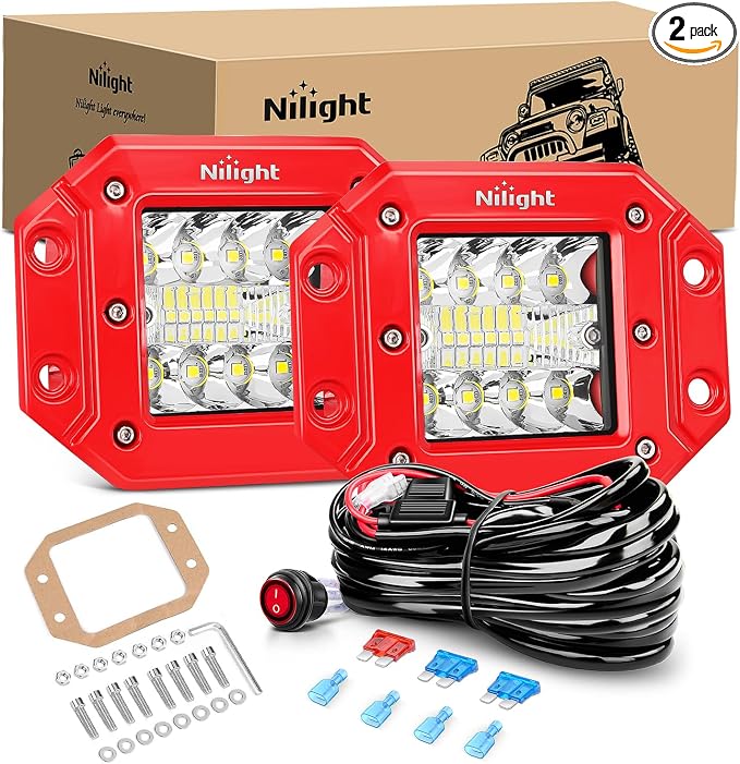 Nilight 2PCS 42W Flush Mount LED Pods Spot Flood Combo Beam with Wiring Harness Kit for Driving Backup Reverse Grill Mounting Light on Off-Road Truck SUV ATV UTV
