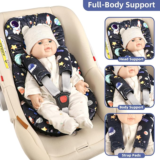Infant Car Seat Insert Cushion, Baby Car Seat Head Body Support for Girls & Boys, Reversible Newborn Car Seat Insert with 2 Extra Strap Paddings, Premature Car Seat Cushion, Black Space