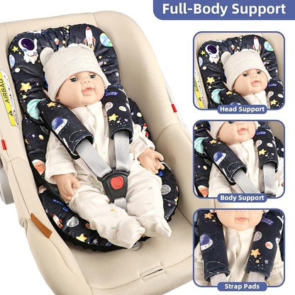 Infant Car Seat Insert Cushion, Baby Car Seat Head Body Support for Girls & Boys, Reversible Newborn Car Seat Insert with 2 Extra Strap Paddings, Premature Car Seat Cushion, Black Space