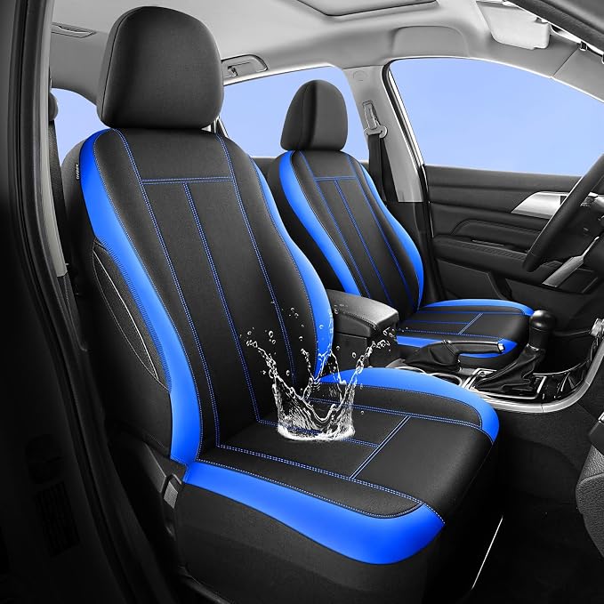 HChengkikz Car Seat Covers Front Seat, Waterproof Neoprene Car Seat Covers, Car Seat Cover Airbag Compatible, Universal Fit for Most Cars, Trucks, SUVs (Black + Blue)