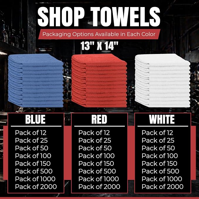 Shop Towels (Red, 150-Pack) - Bulk Cleaning Towel in a Bag, Mechanic Cotton Wipes for Car Maintenance, Auto Mechanics & Garage, Wipe Grease & Oil, Machine Wash & Reusable