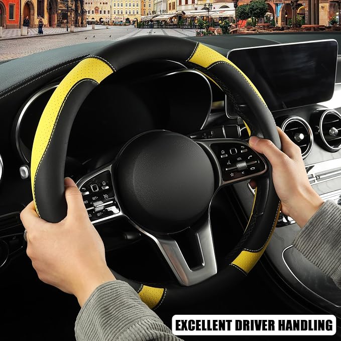 Microfiber Leather D Shaped Steering Wheel Cover, Breathable, Anti Slip, 13.5 inch to 14 inch, Black with Yellow