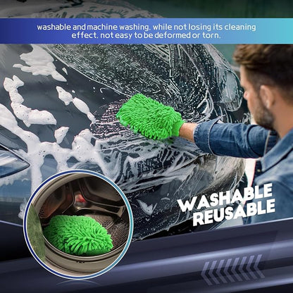 wuyaoyao 2PCS Car Wash Mitt, 10.14"×7.12" Chenille Microfiber Car Wash Mitts, Scratch-Free & Lint-Free, Absorbent Double Sided Clean Glove for Cars Cleaning, Auto Cleaning Supplies (Green)