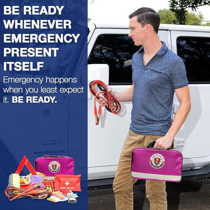 Roadside Assistance Emergency Car Kit - First Aid Kit, Jumper Cables, Tow Strap, led Flash Light, Rain Coat, Tire Pressure Gauge, Safety Vest and More Ideal Winter Accessory for Your Car (Pink)