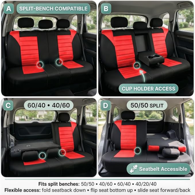 FH Group Automotive Car Seat Covers Rear Set Premium 3D Air Mesh Seat Covers, Airbag Compatible and Split Bench Cover Universal Fit Interior Accessories for Cars Trucks and SUVs - Red