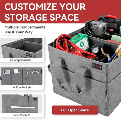 PAT SAM'S Car Trunk Organizer for SUV, Foldable Collapsible Storage Organizer with Dividers, Non-Slip Waterproof 600D Oxford, Backseat & Trunk Storage for Groceries, Tools, Toys (Gray)