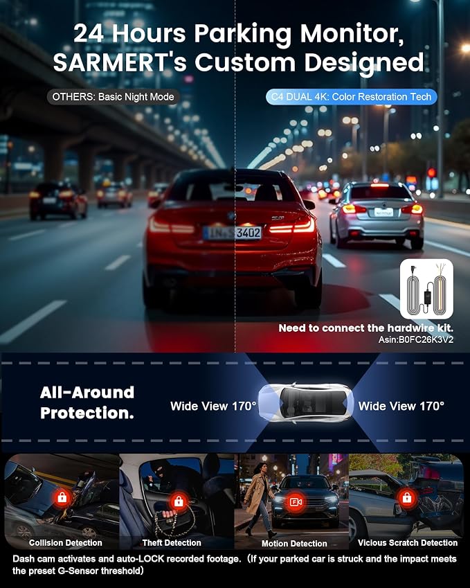 Dash Cam Front and Rear - Sarmert C4 Dual 4K Built-in GPS and 5G WiFi, Free 128GB Card Included, HDR Night Vision, WDR, 4K UHD Dash Camera for Cars, App, 24H Parking Mode