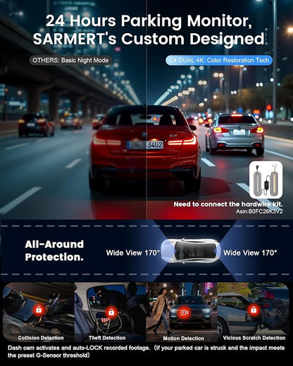 Dash Cam Front and Rear - Sarmert C4 Dual 4K Built-in GPS and 5G WiFi, Free 128GB Card Included, HDR Night Vision, WDR, 4K UHD Dash Camera for Cars, App, 24H Parking Mode