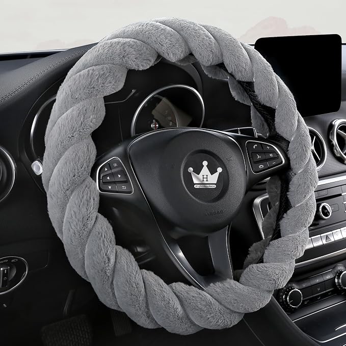 HighnessHwoo Luxury Fluffy Winter Car Steering Wheel Cover for Women Soft Warm Cute Auto Accessories for Jeep, Truck, Van, F150, Universal, Fuzzy, Anti Slip, Gray, Large Size, 15.2-16in