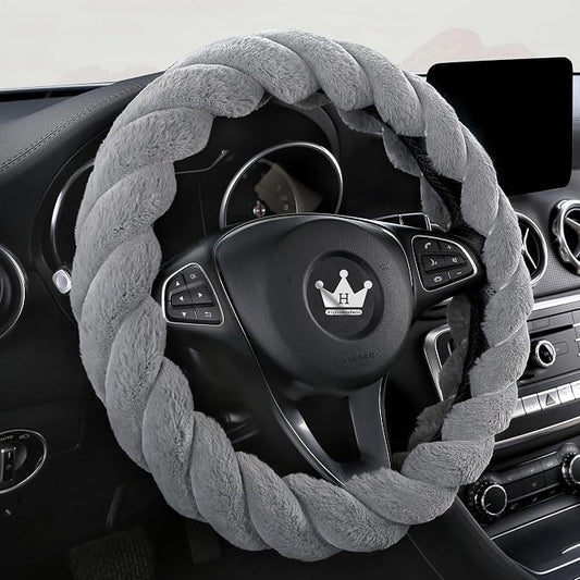 HighnessHwoo Luxury Fluffy Winter Car Steering Wheel Cover for Women Soft Warm Plush Cute Auto Accessories for Vehicle, Sedan, Universal, Fuzzy, Anti Slip, Gray, Standard Size, 14.75-15.15"