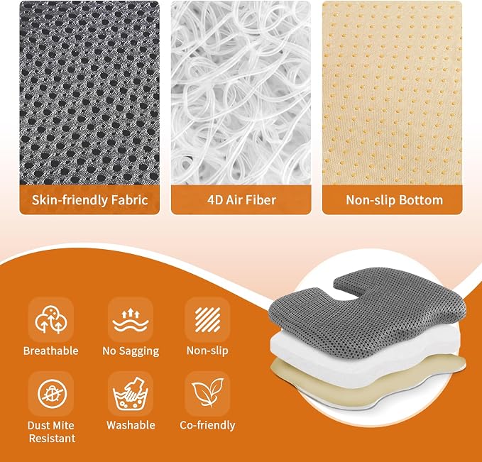 Gooo&Ma Car Seat Cushion & Office Chair Pad - Air Fiber Breathable U-Shape Cooling Cushion for Tailbone Comfort, Driving, Desk & Gaming, Ergonomic Washable Seat Pad with Non-Slip Base(Grey)