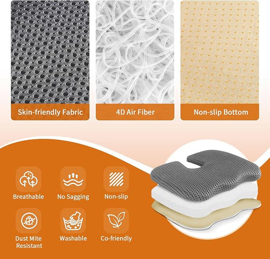 Gooo&Ma Car Seat Cushion & Office Chair Pad - Air Fiber Breathable U-Shape Cooling Cushion for Tailbone Comfort, Driving, Desk & Gaming, Ergonomic Washable Seat Pad with Non-Slip Base(Grey)