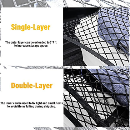 Cargo Net for Pickup Truck Bed, Trucks Cargo Net Mesh Organizer, 4'x4' Stretch to 7'x7' Highly Elastic Truck Bed Net for Camping, Trip Luggage, Compatible with Trailer, Ford, Chevrolet, Dodge