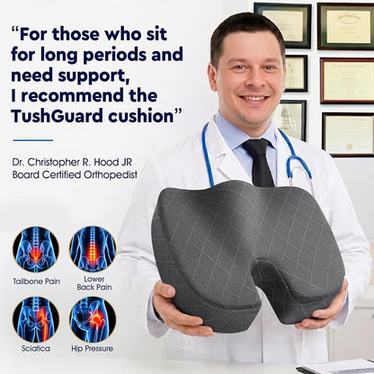 TushGuard Seat Cushion - for Office Chair, Car Seat, Airplane, Bleacher - Sciatica & Coccyx Pain Relief Desk Chair Cushion for Long Sitting Office Workers, Car Drivers(Grey, XXX-Large)