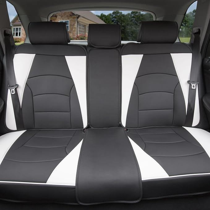 FH Group Ultra Comfort Highest Grade Faux Leather Full Set Cushion Pads Car Seat Covers for Front and Rear– Universal Fit for Cars Trucks & SUVs (White/Black)