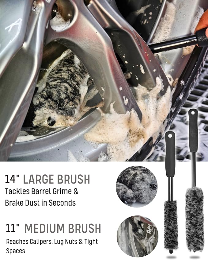 oesee 7PCS Pro-Grade Wheel Cleaning Kit: Long Handle Soft Wheel Brushes, Detailing Brush, Tire Scrubber, Wash Mitt, Hex-Logic Applicator & Microfiber Towel for Deep Car Detailing