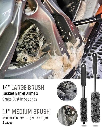 oesee 7PCS Pro-Grade Wheel Cleaning Kit: Long Handle Soft Wheel Brushes, Detailing Brush, Tire Scrubber, Wash Mitt, Hex-Logic Applicator & Microfiber Towel for Deep Car Detailing
