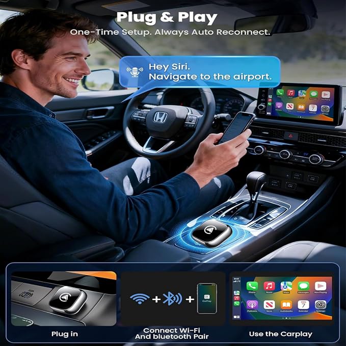 2026 Wireless CarPlay Adapter Android Auto & Wireless Adapter Wired to Wireless CarPlay Plug and Play, Fast Auto-Reconnect Stable Control Supports 1000+Car’s, Compact Sleek Mini Cube Design