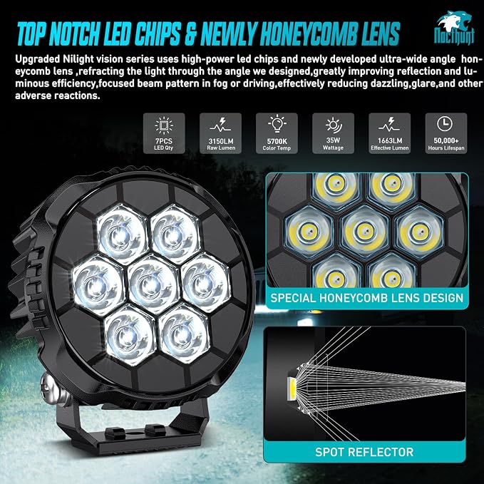 Nilight LED Pod Light 2 PCS 4.1 Inch 35 W 7 LED Round Hyper Spot Beam Offroad Driving Lights w/16 AWG Rocker Switch Wiring Harness Kit for Truck Motorbike Boat ATV UTV