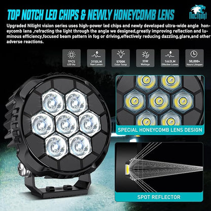 Nilight LED Pod Light 2 PCS 4.1 Inch 35 W 7 LED Round Hyper Spot Beam Offroad Driving Lights w/16 AWG Rocker Switch Wiring Harness Kit for Truck Motorbike Boat ATV UTV