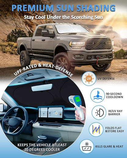 Sunshade for Ram 2500 Windshield Sun Shade for 2010-2025 2026 Dodge RAM 1500 2500 3500 Truck 2Dr RegularCab, 4Dr QuadCab, CrewCab, MegaCab Accessories Front Window Shield Cover Sun Visor Blocker