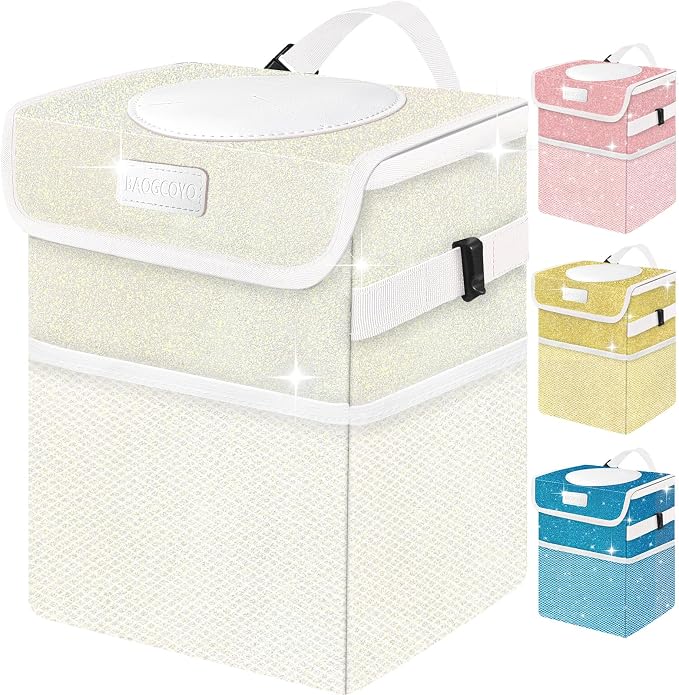 Cute Mini Car Trash Bag with Lid, Glitter Garbage Can Bin Hanging for Back/Front Seat/Console, Waterproof, Leakproof, 2.5 Gallon, Beige Cream Bling Sparkly