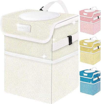 Cute Mini Car Trash Bag with Lid, Glitter Garbage Can Bin Hanging for Back/Front Seat/Console, Waterproof, Leakproof, 2.5 Gallon, Beige Cream Bling Sparkly