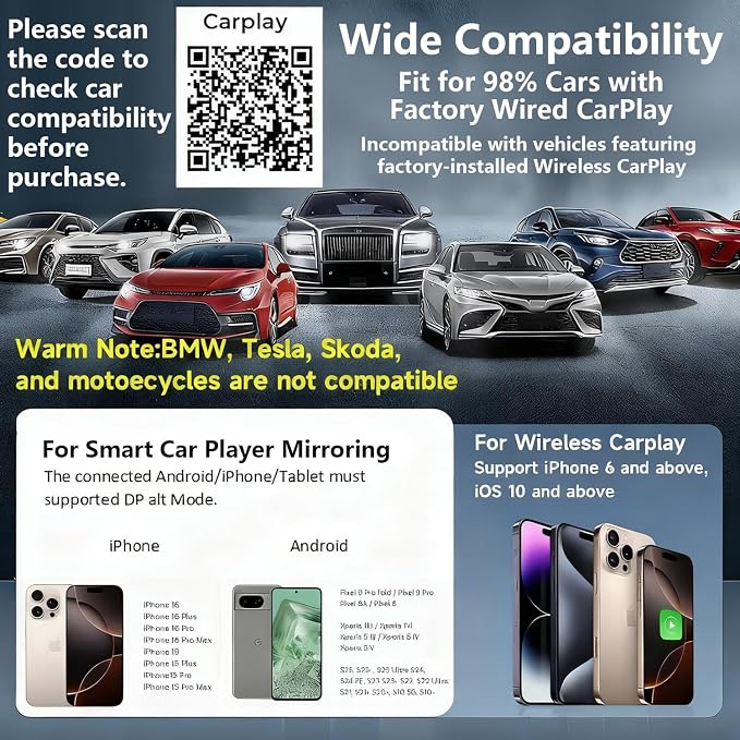 Wireless CarPlay Adapter with Screen Mirroring for Any Apps (YouTube/N-etflix/TikTok) from Phone to in-Vehicle Infotainment Display Screen,Convert Factory Wired CarPlay to Wireless