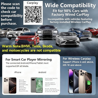 Wireless CarPlay Adapter with Screen Mirroring for Any Apps (YouTube/N-etflix/TikTok) from Phone to in-Vehicle Infotainment Display Screen,Convert Factory Wired CarPlay to Wireless