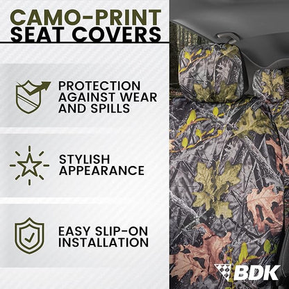 BDK Camo Car, Full Set – Realistic Green Forest Camouflage Automotive Front & Bench Back Seat Cover, Camoflauge Interior Protectors for Auto Truck Van & SUV