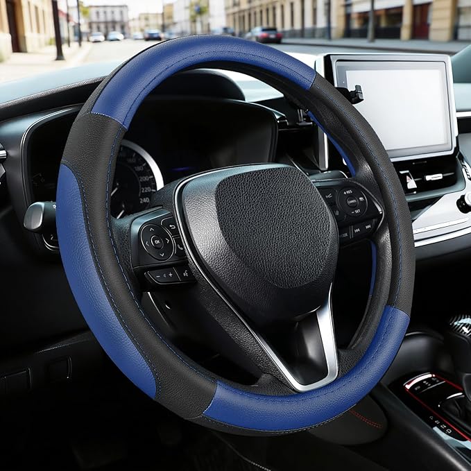 SEG Direct Car Steering Wheel Cover for Prius Civic Model 3 Model Y Camaro, Small Size 14-14.25 inch, Black and Blue Microfiber Leather
