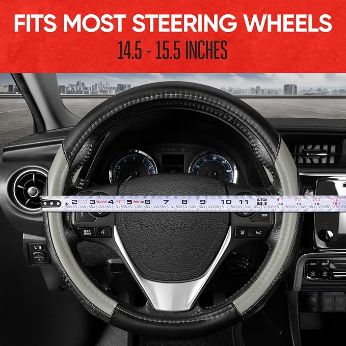 Motor Trend SportDrive Faux Leather Steering Wheel Cover, Standard 15 inch Size, Two-Tone Black & Light Gray, Car Steering Wheel Cover for Truck Van SUV Auto