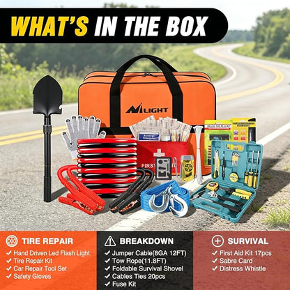 Nilight Car Emergency Kit with Jumper Cable, First Aid Kit Safety Assistance Tools for Travel Camping Outdoor Cars Truck SUV RV, Roadside Essentials with Flash Light