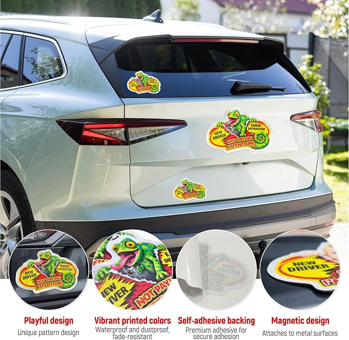 3 Pcs Reflective Student Driver Magnet and Stickers Set - Funny Animal New Driver Safety Signs for Car, Waterproof & Weatherproof High Visibility Vehicle Bumper Decals, Magnet + Stickers (Chameleon)