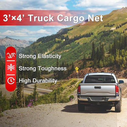 3’x4’ Truck Cargo Net Stretches to 6' x 7' with 4"x4" Mesh Grid Super Duty Bungee Heavy Duty Bed Netting for Truck Bed Stretches with 12 Adjustable Metal Carabiners by Cenipar