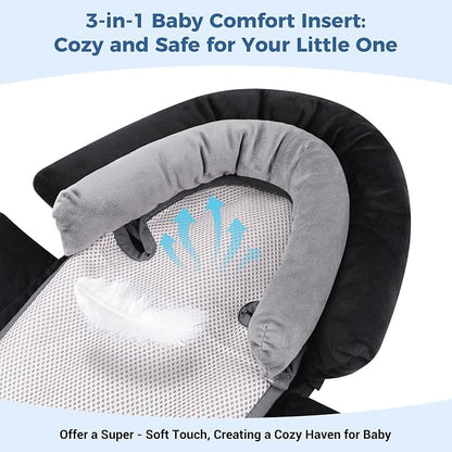 COOLBEBE Upgraded 3-in-1 Baby Body Support & Strap Covers Set for Newborn Infant - Extra Soft Car Seat Insert Cushion Pad, Perfect for Car Seats, Strollers, Swing, Black