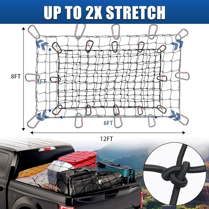 Heavy Duty Truck Bed Cargo Net (4'x6' to 8'x12') - 4"x4" Tight Mesh, 12 Metal Carabiners - Weather Resistant Latex Bungee Net for Pickup Trucks, Trailers, ATVs, Moving, Camping & Overlanding