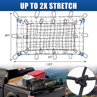 Heavy Duty Truck Bed Cargo Net (4'x6' to 8'x12') - 4"x4" Tight Mesh, 12 Metal Carabiners - Weather Resistant Latex Bungee Net for Pickup Trucks, Trailers, ATVs, Moving, Camping & Overlanding