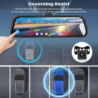 4K Mirror Dash Cam, Front and Rear View Mirror Dual Cameras for Cars with 64G Card GPS BSD 9.66 inch HD Rear View Mirror WiFi App Control Night Vision G Sensor Loop Recording Parking Monitoring