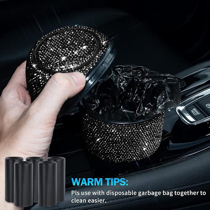 eing Car Trash Can Bling Crystal Auto Mini Trash Bin for Car Office Home Women,Car Cup Holder Garbage Can with Lid and 5 Pack Disposable Garbage Gag, Black
