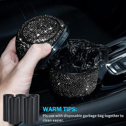 eing Car Trash Can Bling Crystal Auto Mini Trash Bin for Car Office Home Women,Car Cup Holder Garbage Can with Lid and 5 Pack Disposable Garbage Gag, Black