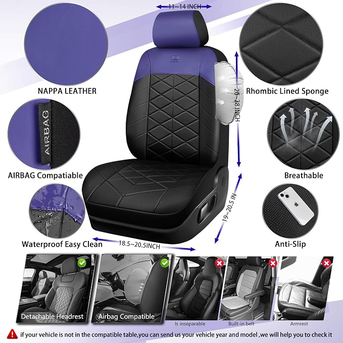 CAR PASS Memory Foam Leather Seat Covers Full Set, Breathable Perforated Nappa Leather Seat Covers Universal Fit for Most Cars,Sedans,SUV,Trucks Thick 3D Foam Comfortable, Airbag Compatible Black Blue