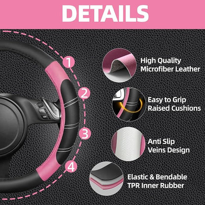NBTEPEM 6 Pcs Pink Car Accessories Set, Sport Leather Steering Wheel Cover 14.5-15inch Universal, Microfiber Leather Car Center Console Cover, Seat Belt Cushion, Cup Holder Coaster (Black-Pink)