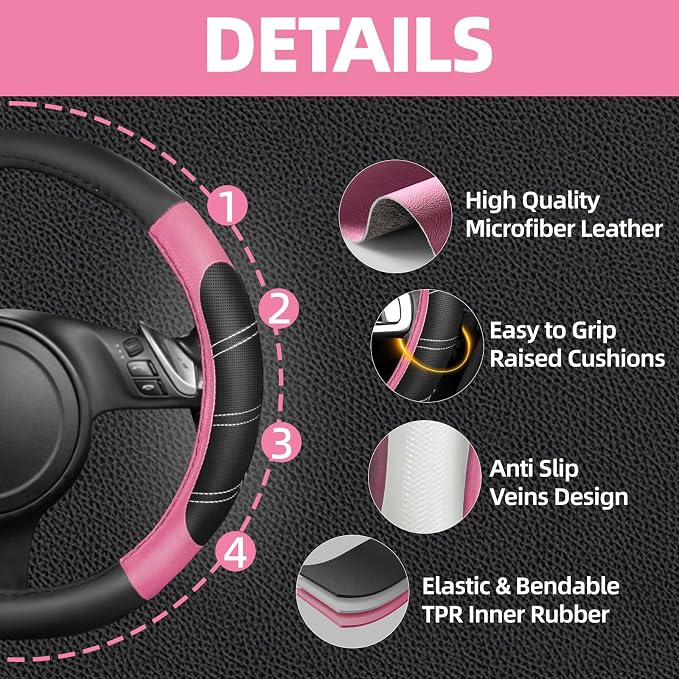 NBTEPEM 10 Pcs Car Floor Mats Full Set & Sport Leather Steering Wheel Cover 14.5-15 inch, Center Console Cover, Seat Belt Cushion, Cup Holder Coaster, Universal Automobile Interior Sets (Pink)