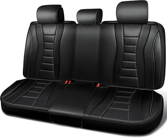 CAR PASS Nappa Leather Back Seat Covers, Universal FIT Piping Leather Rear Seat Cover for Cars,Sedan,SUV,Truck 3D Foam Waterproof Breathable Luxury Seat Covers, Comfort Durable Airbag Compatible Black