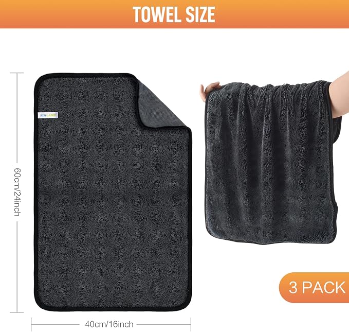 SINLAND 3-Pack Microfiber Shiny Wipes Shower Cleaning Cloths - Ultra Absorbent Drying Towel for Cars and Trucks, 600gsm, Streak-Free, Without Scratches or Water Spots 16" x 24" Dgrey
