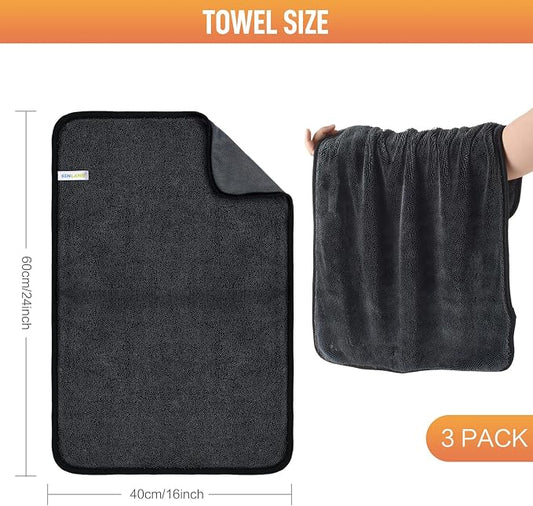 SINLAND 3-Pack Microfiber Shiny Wipes Shower Cleaning Cloths - Ultra Absorbent Drying Towel for Cars and Trucks, 600gsm, Streak-Free, Without Scratches or Water Spots 16" x 24" Dgrey