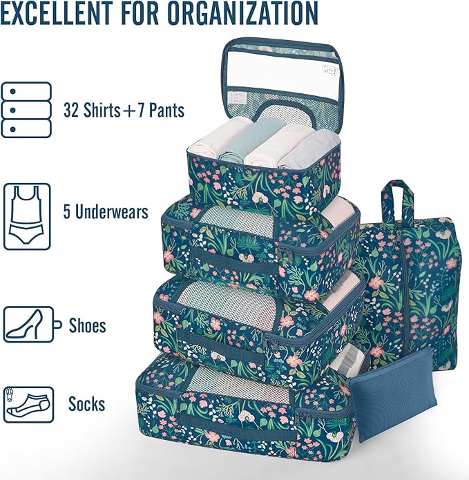 Veken 8 Set Packing Cubes for Travel Essentials,Anti-Wrinkle Buckled Suitcase Organizer for Shoe & Toiletry Bag,Carry On Luggage Bag with 99+ Count Mesh Holes for Airplane & College Dorm Accessories