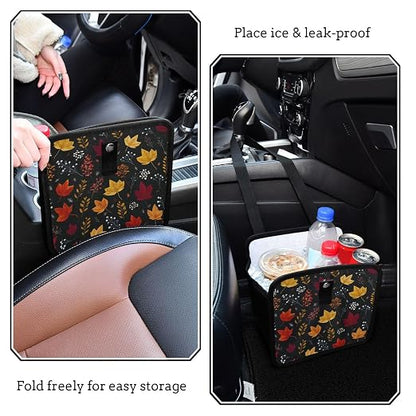 Car Trash Can Organizer Bin with Adjustable Strap for Back Front Seat Console Waterproof Leakproof Collapsible Portable 11 Inch Autumn Leaf Pattern Black