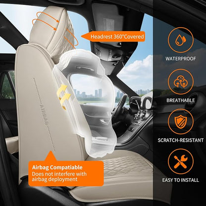 Beige Leather Car Seat Covers Full Set,High-Density Contoured Nappa Leather Universal Precision Fit Automotive Seat Covers,Waterproof Car Seat Protector,forros para asientos de carro,Style1 Beige